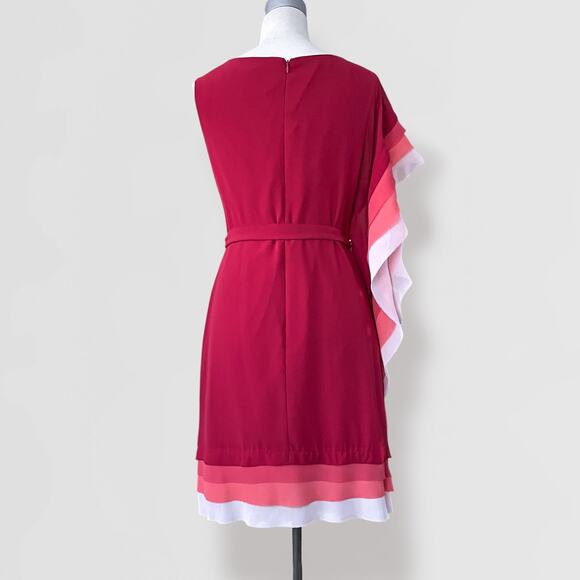 Vince Camuto Ruffle Midi Dress Sz 12 Pink Red Coral White Preppy Grecian Goddess - Picture 6 of 9